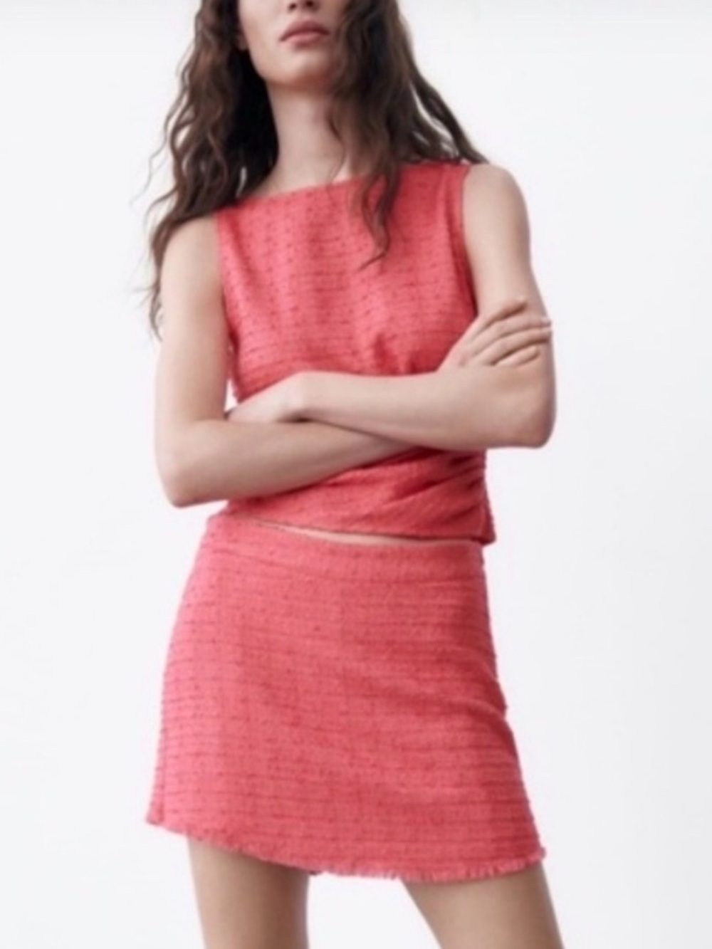 ZARA 2 Piece Coral Pink Textured Tweed Matching Set Sleeveless Top Mini Skort S